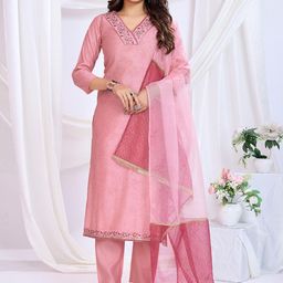 SUAAC Women Floral Yoke Design Regular Thread Work Kurta with Trousers & With Dupatta-picture-15