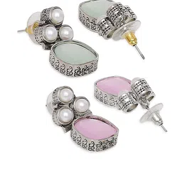 Anouk Set Of 2 Silver-Plated Artificial Stones Studded And Beaded Square Drop Earrings image 2