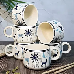 MITHILA Handicrafts White & Blue 6 Pieces Printed Ceramic Glossy Cups 120ml-image-5