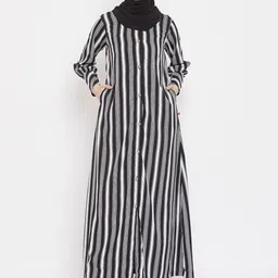 NABIA Women Black & White Striped Abaya Burqa With Scarf-image-99
