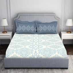 SPACES Blue & White Floral 144 TC King Bedsheet with 2 Pillow Covers-image-58