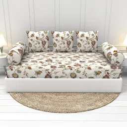 THE WHITE MOSS Cream-Coloured 6 Pieces Printed 144 TC Single Diwan Set-13