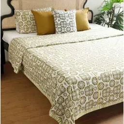 FREEDOM TREE Tamara Green & White Printed Pure Cotton Double Bedcover-34