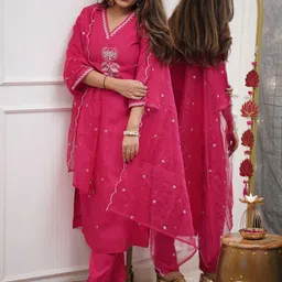 KALINI Floral Embroidered Sequinned V-Neck Straight Kurta With Trousers & Dupatta-picture-19