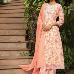 KALINI Women Floral Printed Regular Sequinned Kurta with Trousers & With Dupatta-7