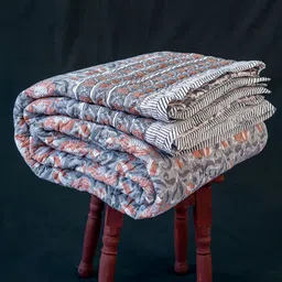 The Jaipur Wala Grey & Orange Floral Double Bed Blanket-17