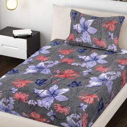 FABINALIV Grey & Blue Floral 300 TC Single Bedsheet with 1 Pillow Covers-picture-33