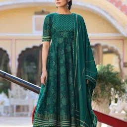 GoSriKi Floral Printed Boat Neck Anarkali Kurta With Trousers And Dupatta-10
