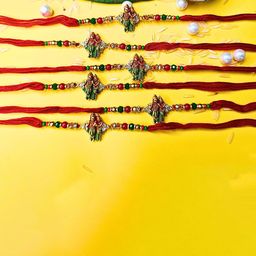 ORANGENYSHA Set Of 6 American Diamonds Studded & Beaded Meenakari Thread Rakhis-image-13