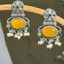 NAMAN ARTS Silver-Plated Artificial Studded & Beaded Contemporary Drop Earrings-image-57