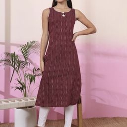 AMOUS Striped Round Neck Straight Cotton Kurta-image-9