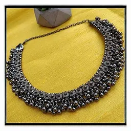 ZURIKRISHA Silver-Plated Artificial Beads Beaded Oxidised Necklace-5