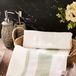 Fabindia White & Green 1 Striped Cotton 125 GSM Bath Towel-48