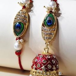CraftVatika Set Of 2 Peacock Feather Bhaiya & Bhabhi Rakhi With Tilak Card & Fridge Magnet-43
