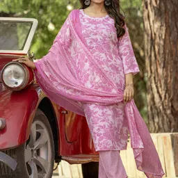 Wedani Floral Printed Round Neck Pure Cotton Kurta With Trouser & Dupatta-picture-40