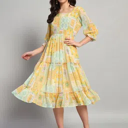 WISSTLER Women Floral Printed Puff Sleeve Chiffon Fit & Flare Midi Dress-image-35