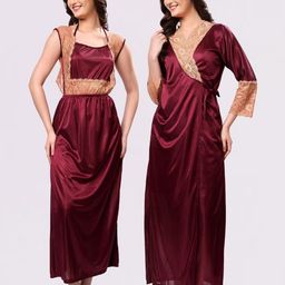 NIGHT KEYS Maroon Satin Maxi Solid Nightdress-image-86