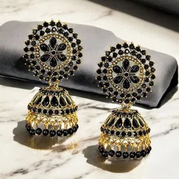 De-Ultimate Gold-Plated Artificial Stones Studded & Beads Beaded Dome Shaped Jhumkas-30