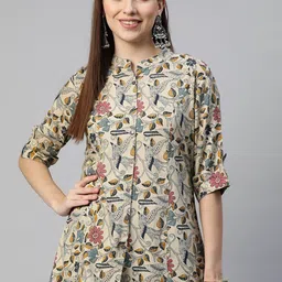 Chandbaali Floral Print Mandarin Collar Roll-Up Sleeves Shirt Style Top-picture-27