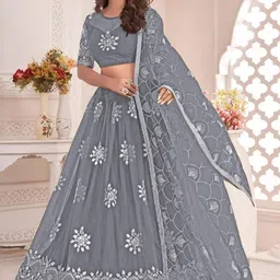 F Plus Fashion Girls Grey Net Semi-Stitched Lehenga Choli-image-25