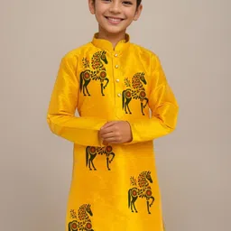 DEVOILER Boys Conversational Printed Mandarin Collar Dupion Silk Straight Kurta image 5