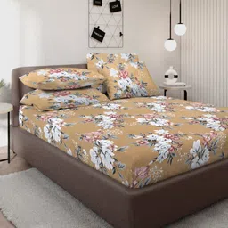 Myntra Elegant Homes Mustard & White Floral Printed 300 TC King Bedsheet Set 2.5 x 2.2 m-16