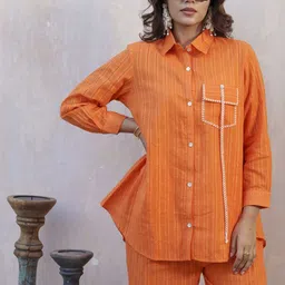 Sangria Orange Striped Shirt Collar Rolled-Up Sleeve Shirt And Trousers-image-35