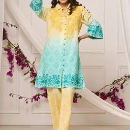 Zolo Label Summer Yellow Blue Embroidered Cotton Co-Ord Set-30