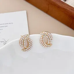 FIMBUL Gold Plated Crystals Studded & Pearls Beaded Oval Studs-5