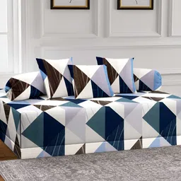 Aura Set Of 6 Brown & Blue Printed Geometric TC Cotton Diwan Set-3