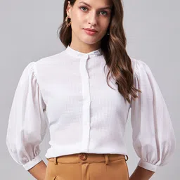Style Quotient White Checked Band Collar Puff Sleeves Shirt Style Top-image-76