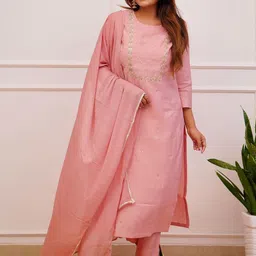KALINI Ethnic Motifs Embroidered Round Neck Straight Kurta With Trousers And Dupatta-picture-17