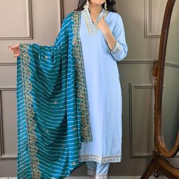 HERE&NOW Women Ethnic Motifs Embroidered Regular Kurta with Trousers & With Dupatta-image-99