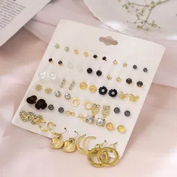 Yellow Chimes Set Of 30 Gold-Plated Pearls & Stone Studded Oxidised Studs & Hoop Earrings-2