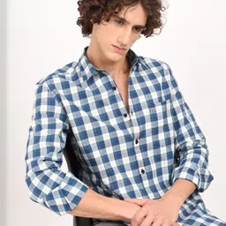 Blu MNKY Classic Slim Fit Checked Spread Collar Long Sleeves Pure Cotton Shirt-picture-1
