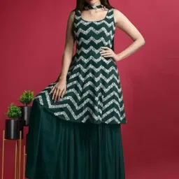 PARROT CREATION Floral Embroidered Sequinned Georgette Kurti With Sharara And Dupatta image 5