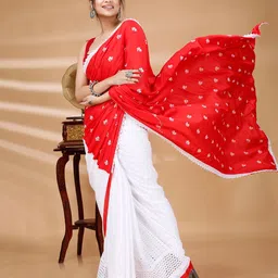 PuJoy Floral Embroidered Pure Cotton Taant Saree-image-10