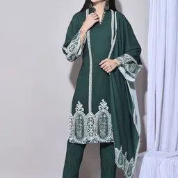 FFU Women Abstract Printed Mandarin Collar Straight Kurta With Trousers & Dupatta-picture-2