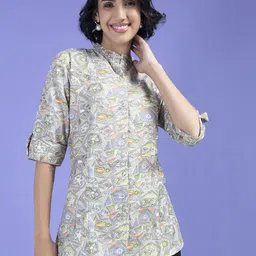 TIKODI Floral Print Mandarin Collar Roll-Up Sleeves Cotton Shirt Style Top-image-77