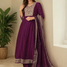 SANISA Floral Printed V-Neck Empire Thread Work Anarkali Kurta With Trouser And Dupatta-picture-9