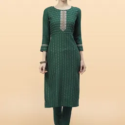 Anouk Rustic Striped Embroidered Mirror Work Ruby Silk Straight Kurta With Trousers-27