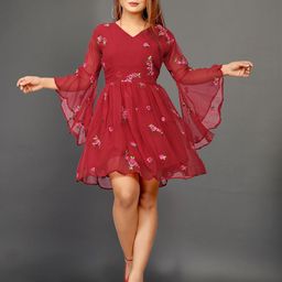 Aika Floral Embroidered Bell Sleeve Georgette Fit & Flare Dress-image-19