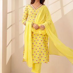 Libas Floral Printed Mirror Work Straight Kurta With Trousers & Dupatta-image-40
