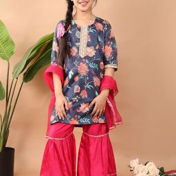 Here&Now X Kinder Girls Floral Printed Round Neck A-Line Kurti With Sharara & Dupatta-39