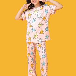 Anthrilo Girls Pink StarPrinted Short Sleeves Pure Cotton Night suit-image-96
