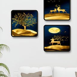 Livin'luxe Golden Deer & Tree Black MDF Modern Landscape 3-Frame Painting Wall Art-picture-14