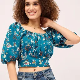 Mayra Floral Print Puff Sleeve Cotton Blouson Crop Top-image-20