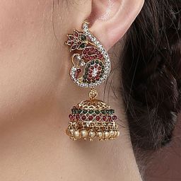 KARATCART Gold Plated Peacock Shaped Kundan Jhumkas Earrings-2