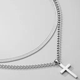 Peora Men Set of 2 Silver-Plated Stainless Steel Snake & Cross Pendant with Chains-picture-9