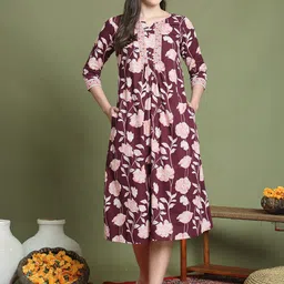 Merira Women Floral Printed Gathered or Pleated Pure Cotton A-Line Dress-picture-16